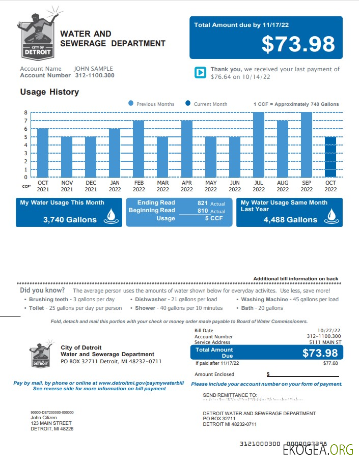 USA Michigan Water and Sewerage Department utility bill, Word and PDF template, 2 pages 1